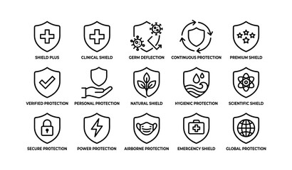 Fototapeta premium Set of 16 outline shield icons for protection and safety concepts