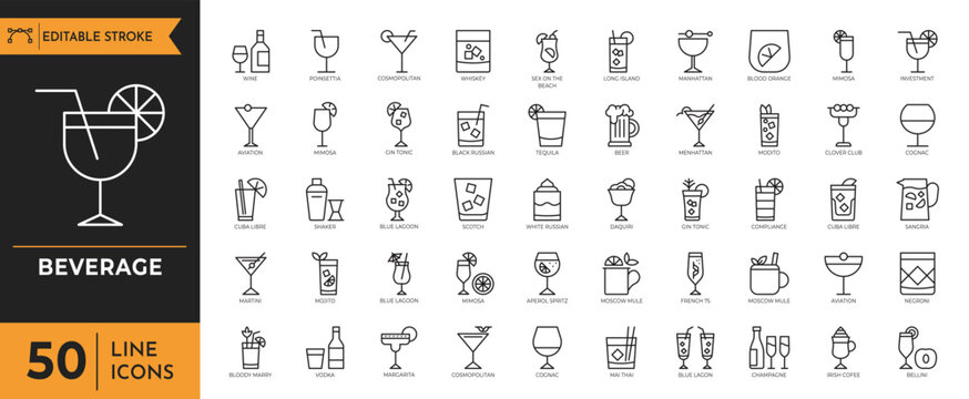 A collection of various beverage icons and glasses are displayed.