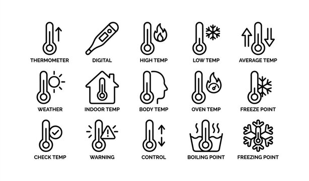Temperature icon set: thermometer, weather, indoor, body, digital, high, low, freezing, boiling