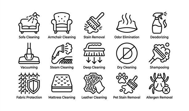 Home cleaning icons: sofa, armchair, stain, odor, deodorizing, vacuums, steam, deep clean, shampooing