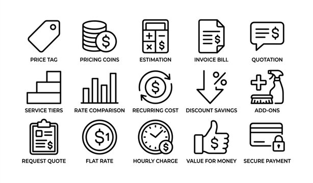 Business icons for pricing, estimation, invoicing, and cost management