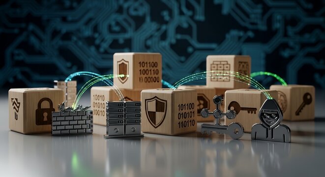 Digital security icons on interconnected wooden blocks illustrate various cybersecurity concepts in a dark environment.