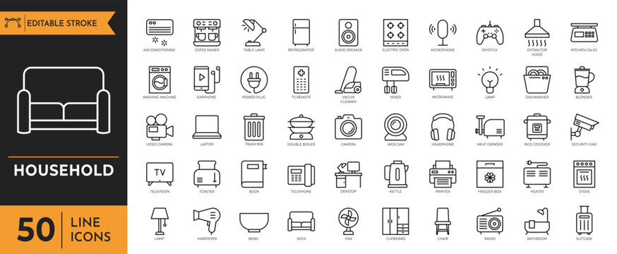 Household items icons are shown in a detailed illustration style.
