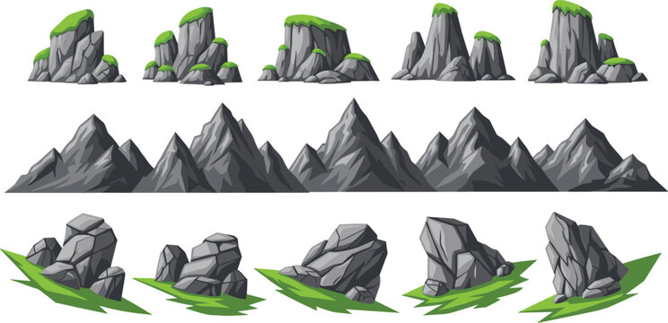 Rock and Mountain Formation Collection with Cliffs, Peaks, and Stone Boulders Cartoon Style Vector Illustration Set for Game Assets, Nature Landscape, and Environment Design