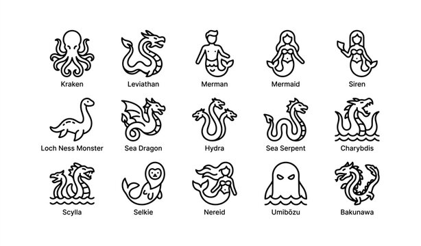 Icon set of mythical sea creatures: kraken, hydra, merman, mermaid, loch ness monster and more