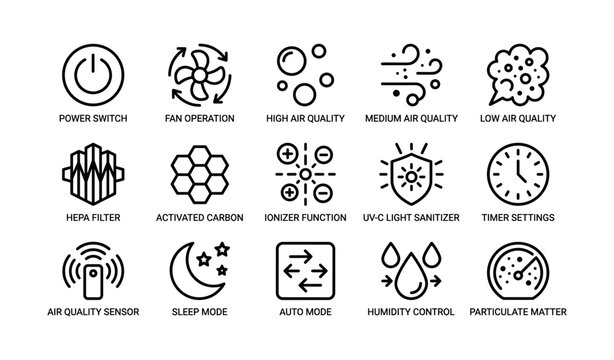 Air purifier icons: functions and settings symbols for clean air devices