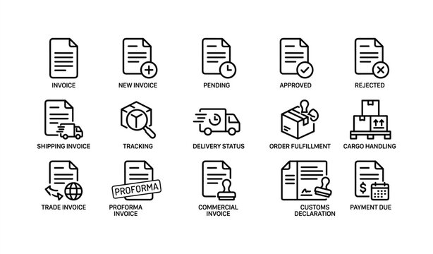 Invoice and shipping icons set: tracking, fulfillment, handling, and payment status