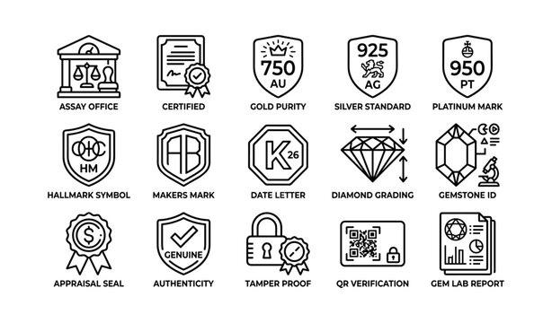 Jewelry markings and certification symbols collection