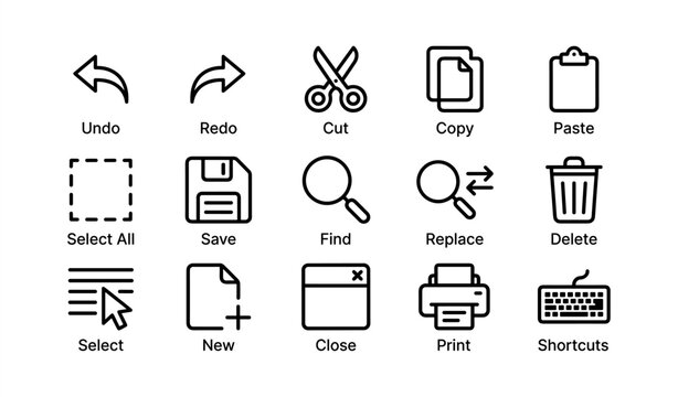 Essential computer icons: undo, redo, cut, copy, paste, save, delete, print, shortcuts