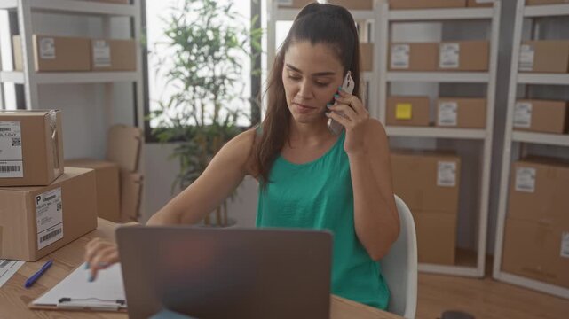 Woman holds smartphone to ear and types on laptop at office desk surrounded by cardboard parcels and shelves; productivity.