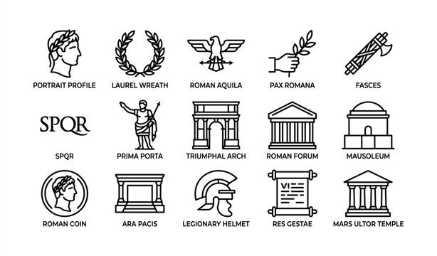 Collection of iconic roman symbols and architecture in black illustrations