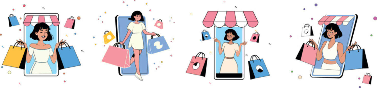 Vector illustrations of woman shopping via smartphone for retail marketing

