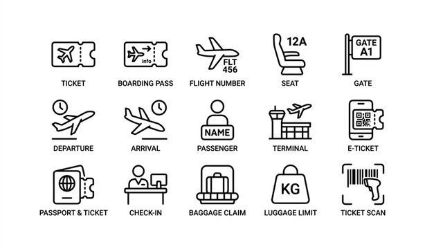 Airport icons: ticket, boarding, flight, gate, check-in, departure, arrival, terminal, passport, luggage