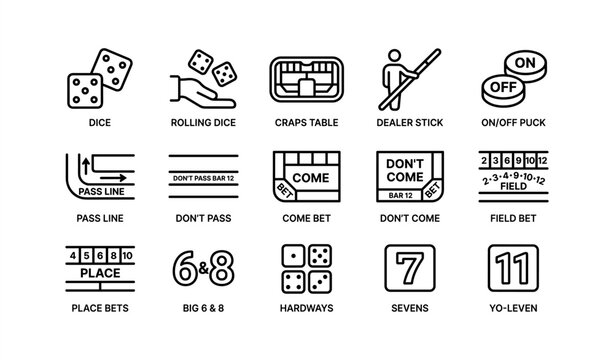 Craps game elements: dice, table, dealer stick, pucks, bets, and line symbols