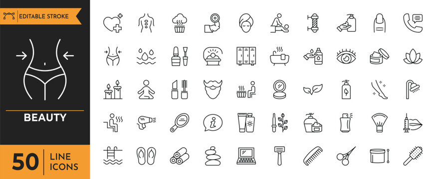 The beauty line icons set shows a diverse collection of minimalistic illustrations.