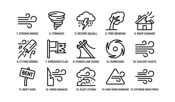 Wind icons: tornado, hurricane, severe squalls, and damage indicators