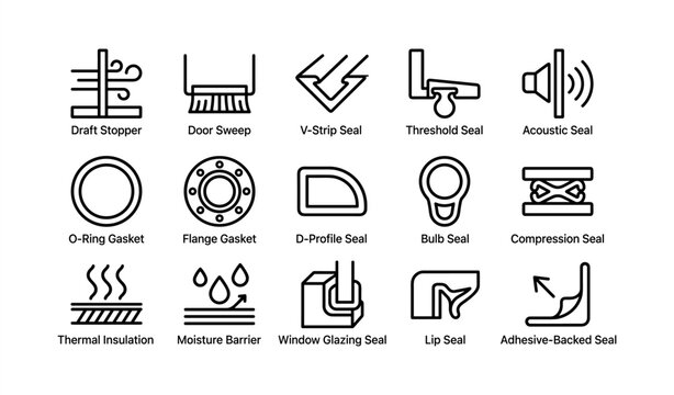 Weatherproofing essentials: seals, gaskets, and insulation icons for home and industry