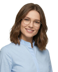 Smiling Young Businesswoman Wearing Glasses and Blue Business Casual Shirt Isolated PNG with Transparent Background
