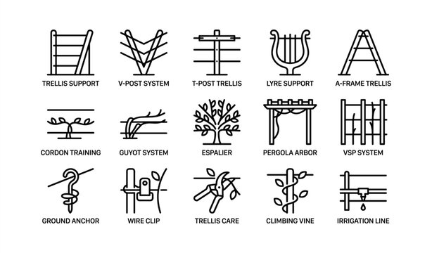 Garden trellis systems and plant training structures for efficient gardening