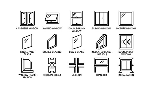 Window types and components diagram: casement, awning, double, sliding, picture, soundproof