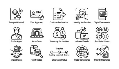 Fototapeta premium Passport control and customs icons: visa, verification, security procedures overview