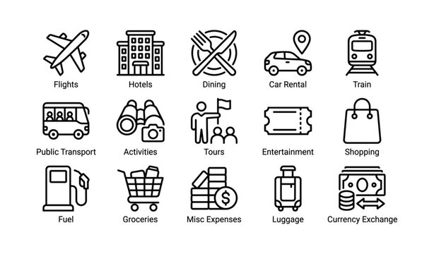 Travel and tourism icons: flights, hotels, dining, transportation, activities