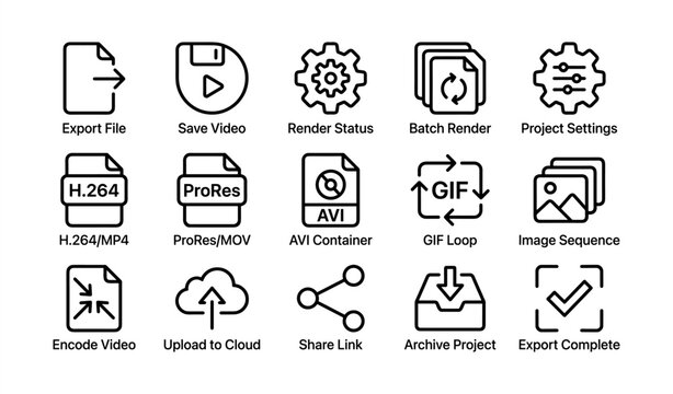 Video editing icon set: export, save, render, batch, settings