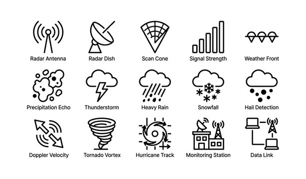 Weather monitoring icons for radar and satellite systems