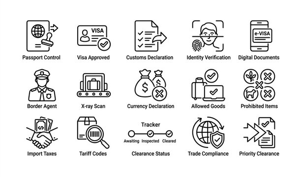 Passport control and customs icons: visa, verification, security procedures overview