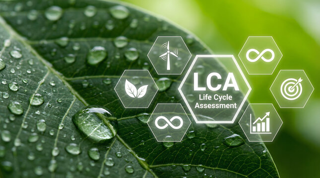 Vibrant green leaf with glistening water drops displaying Life Cycle Assessment LCA and sustainability icons