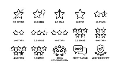 Fototapeta premium Star rating symbols collection: rating, review, system, feedback, evaluation icons