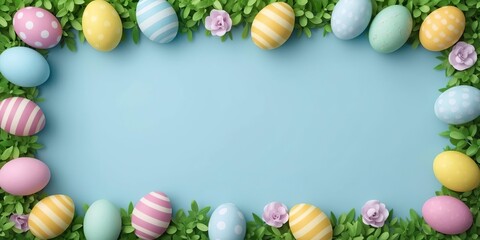 Fototapeta premium Easter 2026 complete rectangular frame of pastel striped and dotted eggs with green foliage and pink roses on soft blue. Versatile spring holiday template for cards, banners, and promotional layouts.