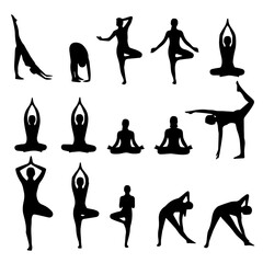 Fototapeta premium Silhouettes of people practicing various yoga poses on a serene white background from different viewpoints