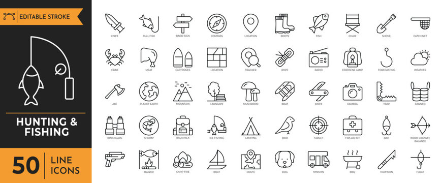 A graphic illustration collection of various hunting and fishing icons on a white background