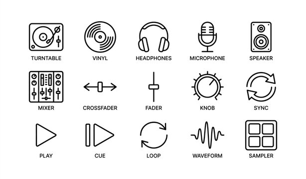 Dj equipment icons: turntable, vinyl, headphones, microphone, speaker