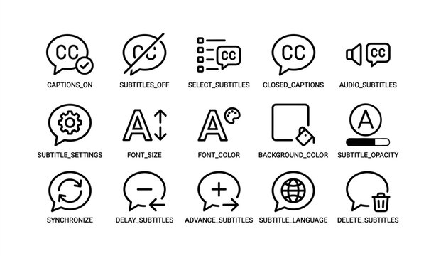 Icon set for subtitle and caption settings with audio options