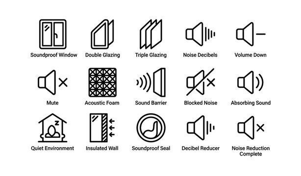 Soundproofing icons: windows, walls, noise reduction, mute, decibels