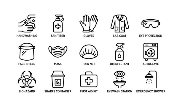 Safety equipment set: handwashing, sanitizer, gloves, lab coat, eye protection, mask, first aid kit