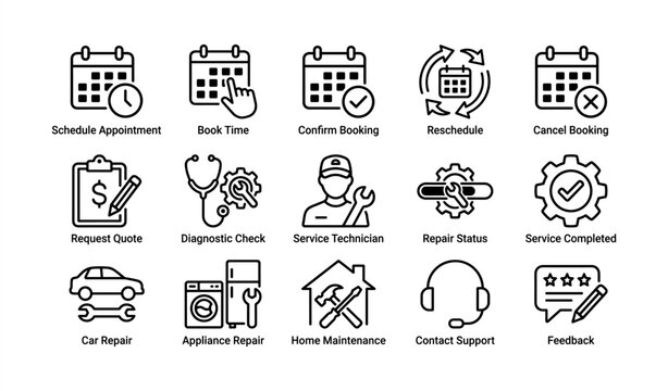 Appointment and service icon set: scheduling, repair, support