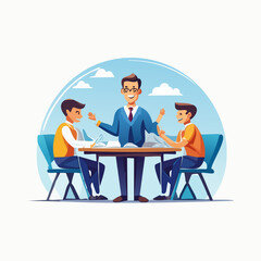 Fototapeta premium Male teacher mentoring two students in a classroom setting.