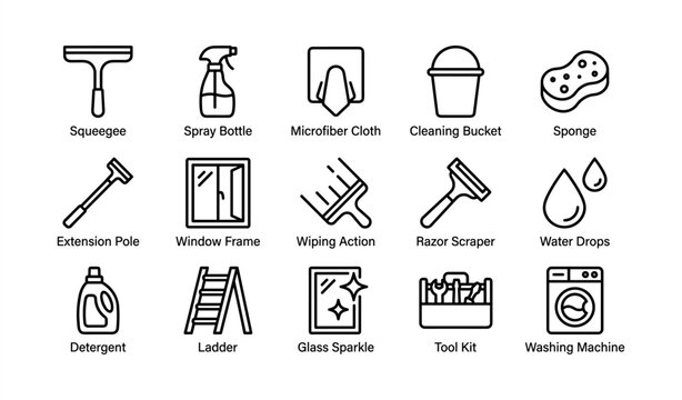 Cleaning tools icon set: squeegee, spray bottle, cloth, bucket, sponge