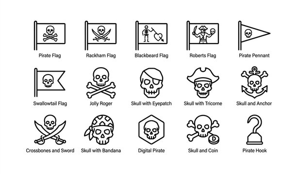 Pirate flags and skull icons: crossbones, eyepatch, tricorne, bandana, hook
