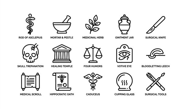 Ancient medical symbols and tools: asclepius, caduceus, trepanation, mortar, scales