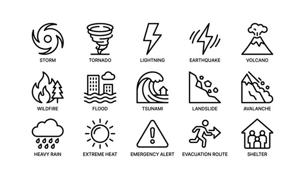 Natural disaster icons: storm, tornado, lightning, earthquake, volcano, wildfire, flood, tsunami