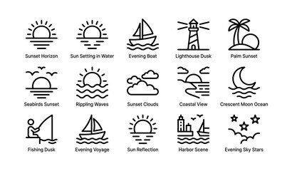 Sunset scenery icons: symbolic seaside views including boats, lighthouse, and palm trees