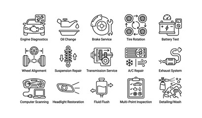 Fototapeta premium Automotive maintenance and repair icons: engine, oil, brakes, tires, battery, detailing