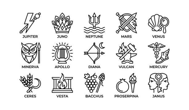 Roman gods and goddesses symbols set with iconic imagery