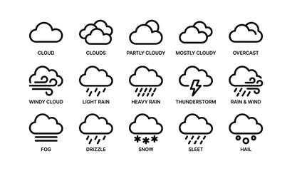 Obraz premium Weather icons: clouds, rain, snow, thunderstorm, hail