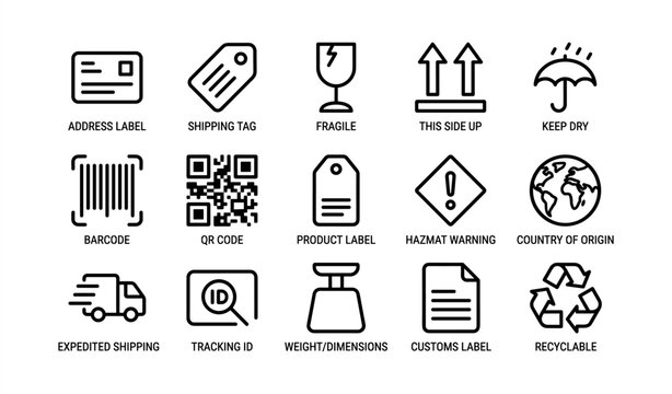 Shipping and packaging icons: labels, tags, and warnings for safe delivery