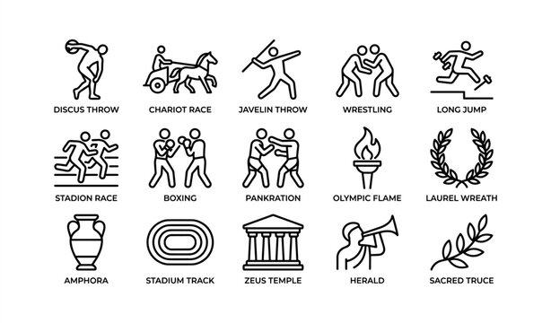 Ancient greek olympics icons featuring discus, chariot, javelin, wrestling, laurel, and more